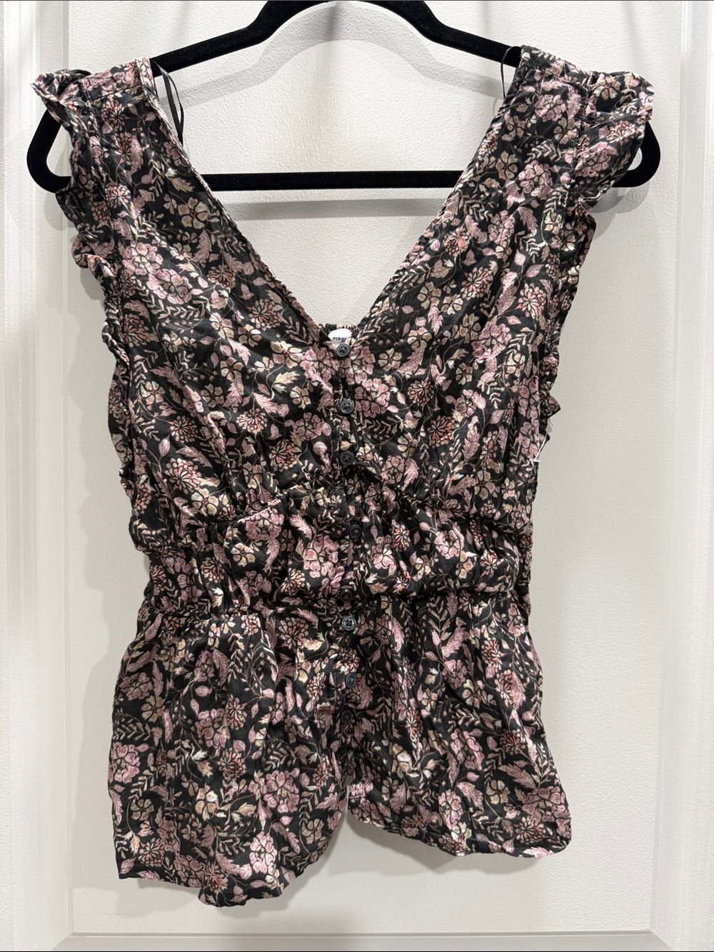 Old Navy Black Floral Ruffle V-Neck peplum  with Pink Accents